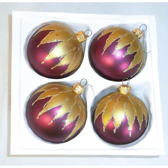 LOT of 4 Glass Ornaments Burgundy & Gold Mouth Blown Hand Painted Balls - Picture 2 of 5